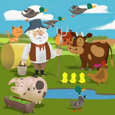 Children's illustration of a farmer with different farm animals for jigsaw puzzle