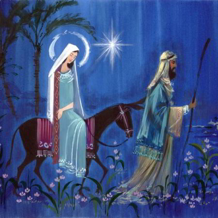 Stylised drawing of mary on a donkey being led by joseph against a blue background with a bright star