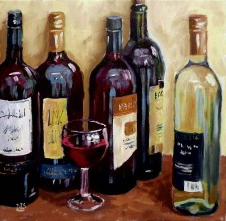 Traditional paining of various vintage bottles of wines with wine glass for art licensing