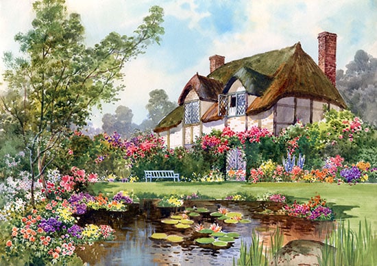 Painting of a traditional english thatched cottage with a pond for licensing