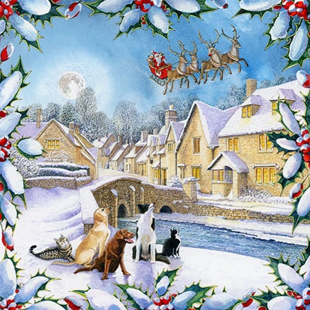 Christmas design of three dogs and two cats watching santa fly in a village setting with traditional stone cottages for art licensing