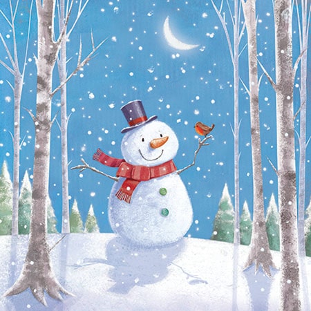 Christmas holiday illustration of a snowman in the woods with a robin in his stick hane