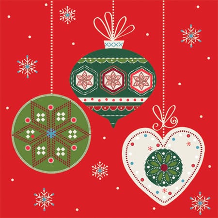Modern illustration of baubles against a red background scandi style