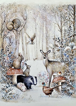 Woodland animals badger rabbit owl pheasant christmas greeting card design