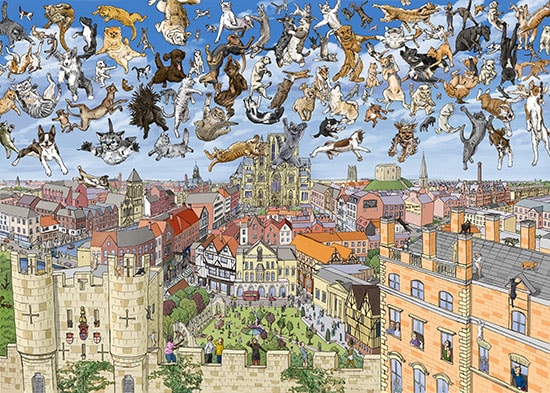 Humorous image of cats and dogs falling from the sky over a city