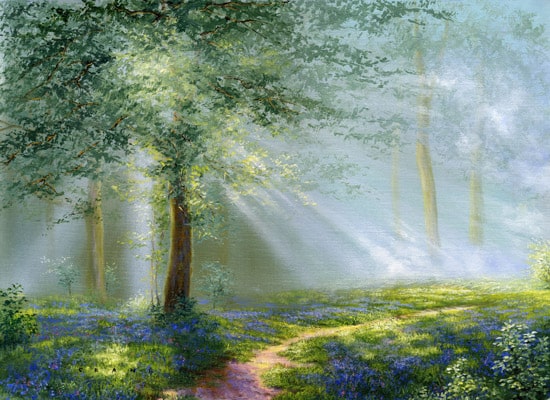 Paining of a bluebell wood with sun rays
