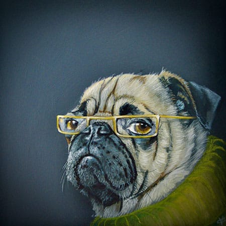 Humorous painting of a pug with glasses on