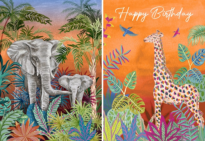 New artist: animeeko animal art elephants giraffe greeting card