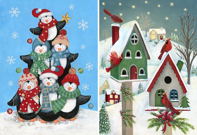 Justine kimmer christmas illustrations of penguins on top of each other forming a tree shape and one of cardinal birds in a snowy landcape with birdboxes for art licensing
