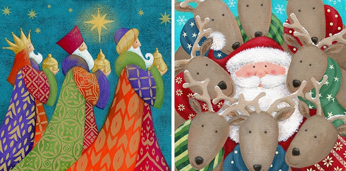 Justine kimmer two christmas illustratond one of colourful three kings and one whimsical design of santa surrounded by his reindeer