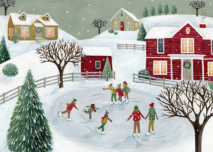 Justine kimmer christmas illustration of skaters in a snowy village surrounded by colourful houses art licensing