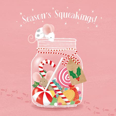 Christmas card illustration of cute mice in a candy jar for art licensing
