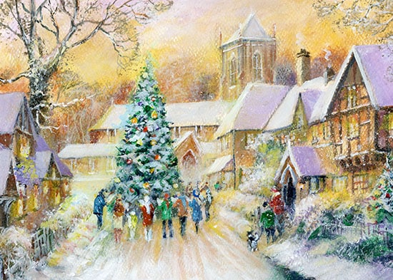 Christmas holiday greeting card design of a village with carol singers around the tree