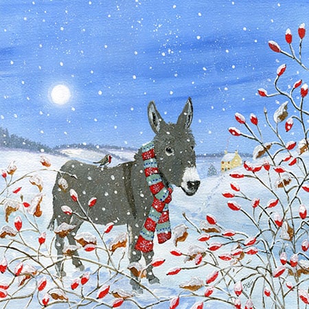 Christmas holiday greeting card design of a donkey with a scarf on