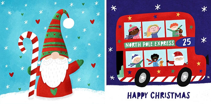 Dee smith christmas holiday greeting card illustrations of a gonk and children on a bus art licensing agent