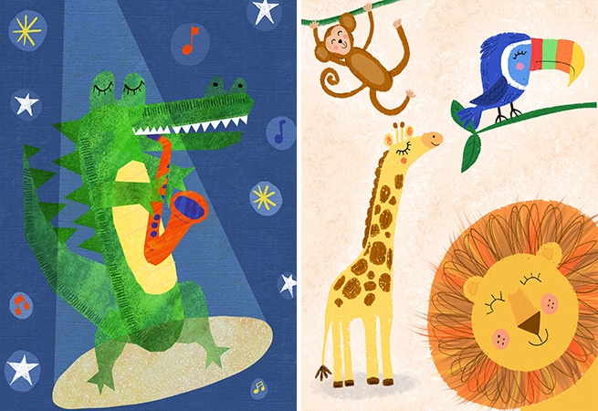 Dee smith illustrations of a crocodile playing sax and animals licensing agent