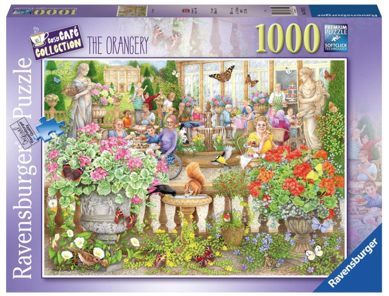 Jigsaw puzzle illustration of a busy orangery café scene by anne searle for art licensing