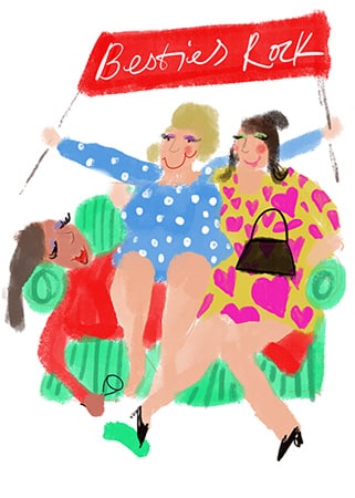 Humorous greeting card design of three women on a sofa with a banner reading 'besties rock' for art licensing