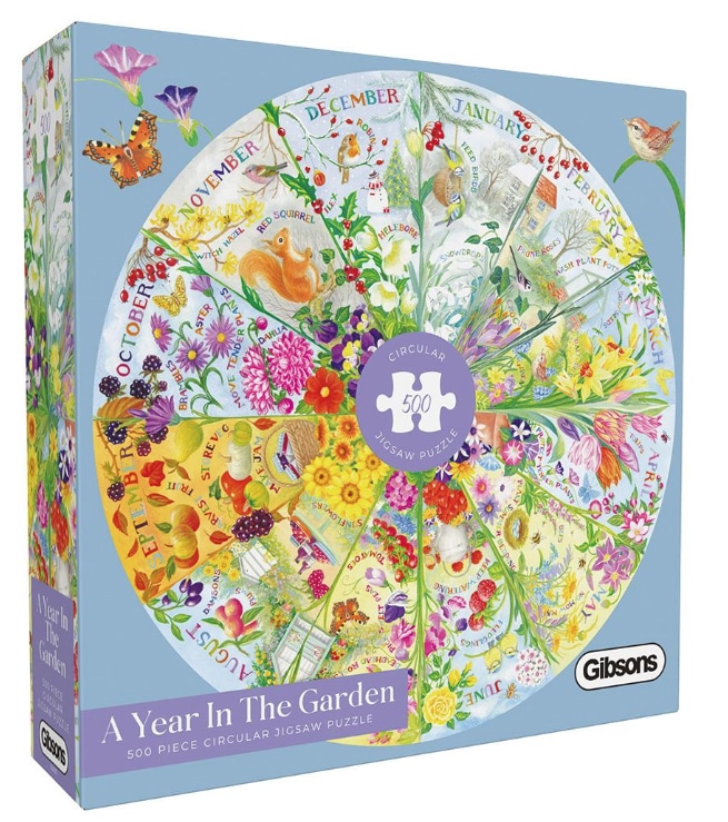 Jigsaw puzzle design of a monthly year in the garden by claire comerford for art licensing