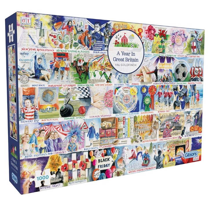 Jigsaw puzzle illustration of well known events in the uk calendar by val goldfinch for art licensing