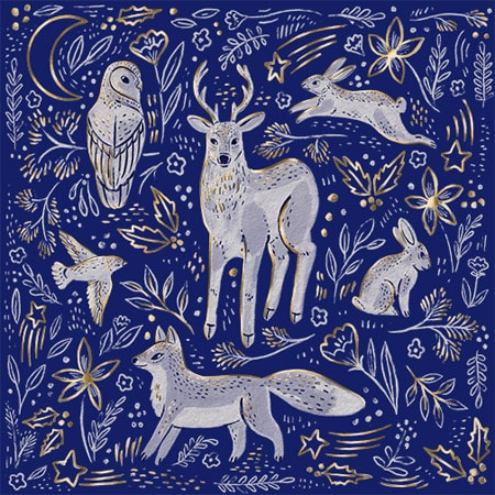 Christmas holiday illustration of woodland animals in grey and gold on a deep blue background