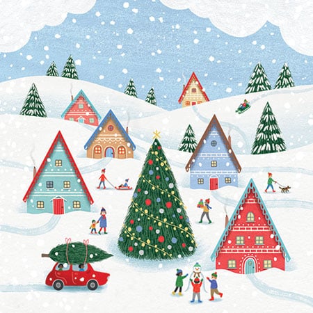Christmas holiday illustration of a winter village with colourful houses, a large decorated christmas tree, pine trees, figures and a red car with a tree on the roof