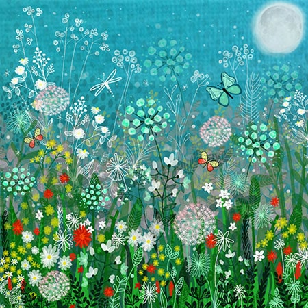 Floral design on blue with delicate flowers of different colours and butterflies and grasses for art licensing