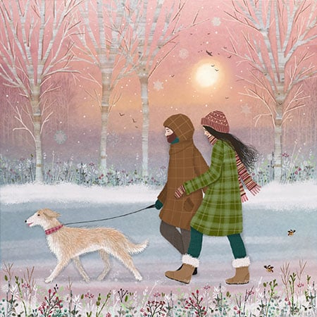 Christmas holiday illustration of a couple walking a dog side on in coats, hats and scarves with a hazy sun through silver birch trees behind