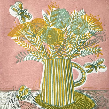 Lino print of a yellow jug with yellow and green wildflowers on a pink background for art licensing