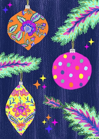Christmas holiday greeting card design of three colourful retro baubles on a blue background with green fir fronds for art licensing