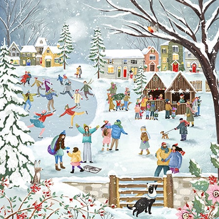 Christmas holiday illustration of a winter scene with figures skating, playing in the snow and buying items from kiosks for art licensing