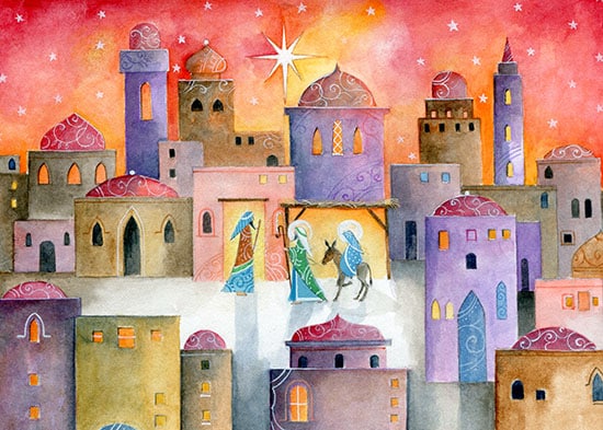 Christmas holiday design of a nativity scene with mary on a donkey and joseph in front meeting the in keeper surrounded by stylised buildings in oranges, blues pinks and purples for art licensing