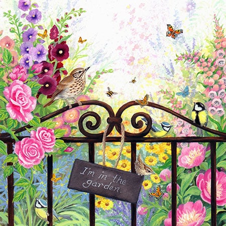 Painting of an iron garden gate looking through to a mass of colourful flowers in a summer garden with a thrush and two blue tits on the gate and a sign hanging on string which says 'in the garden'