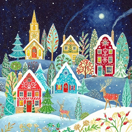Christmas holiday painting of a village of stylised and colourful houses in a scandi style with deer for art licensing