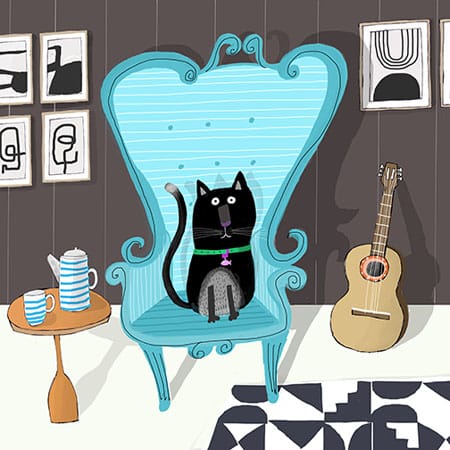 Illustration of a black cat sat on a big blue chair in a room with a guitar and table with jug and cup on it for art licensing