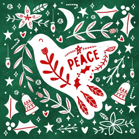 Christmas holiday card design of a white dove on green background with red plant shapes in the dove and the word 'peace' in the dove surrounded by white and red festive icons for art licensing