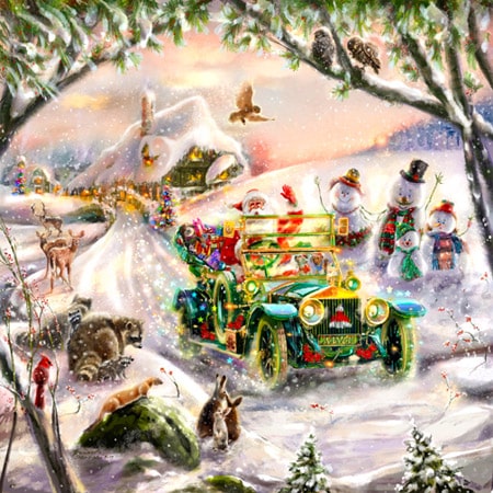 Christmas holiday illustration of santa in a magical green vintage car with snowmen and woodland animals