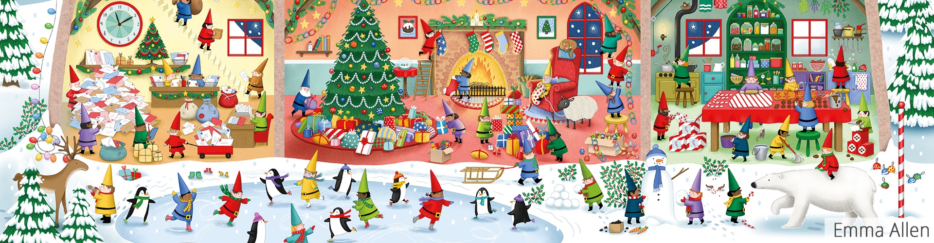 Detail of Santa's grotto jigsaw puzzle design with lots of elves by Emma Allen illustrator for art licensing