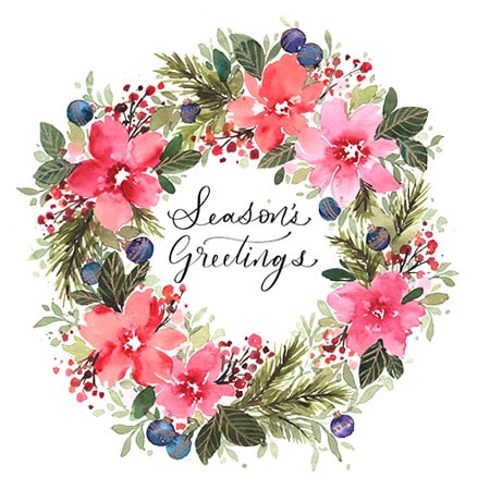 Christmas holiday watercolour painting of a floral wreath with pink flowers for art licensing