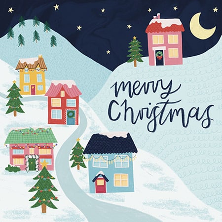 Christmas holiday greeting card design of a winter landscape with colourful houses dotted around for art licensing