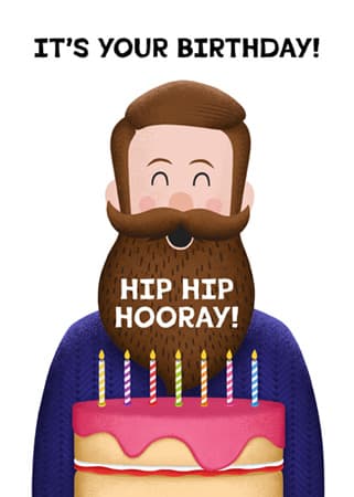 Male greeting card illustration of a man with a beard blowing out candles on a cake the words 'hip hip hooray' on his beard for art licensing