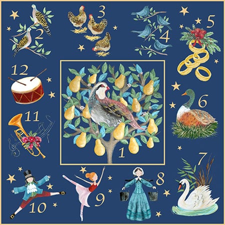 Christmas holiday illustration of the 12 days of christmas with a partridge in the middle in a pear tree and the other elements around the edge on blue for art licensing