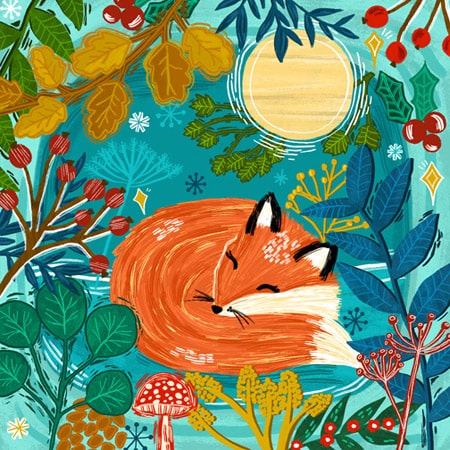 Illustration of a curled up sleeping fox under a full moon surrounded by autumnal leaves and berries for art licensing