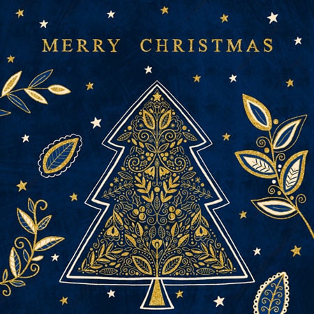 Christmas holiday illustration of a decorative christmas tree with gold pattern on deep blue background