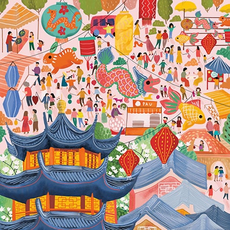 Busy illustration of a market festival from a distance set in asia with traditional asian building int he foreground and lots of people behind visiting stalls. There are colourful kites and traditional lampshades dotted around