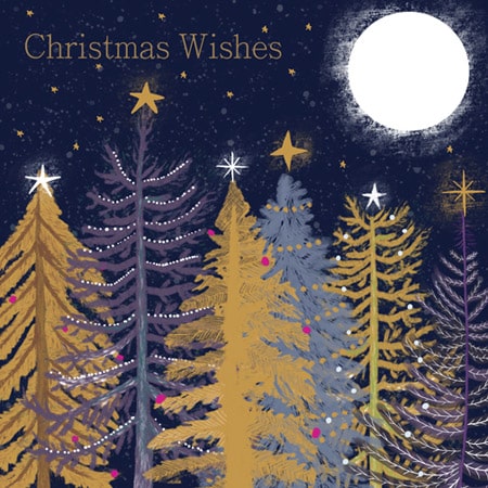 Christmas holiday illustration of stylised gold and blue pine tress with stars on top against a dark blue background with a white moon for art licensing