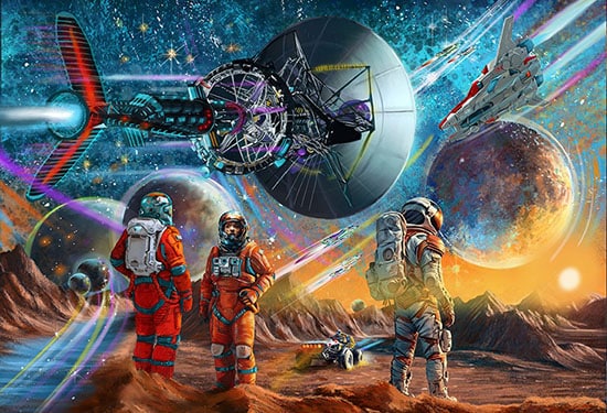 Illustration of a space scene with a red planet with astronauts on it and numerous spaceships and planets above for art licensing