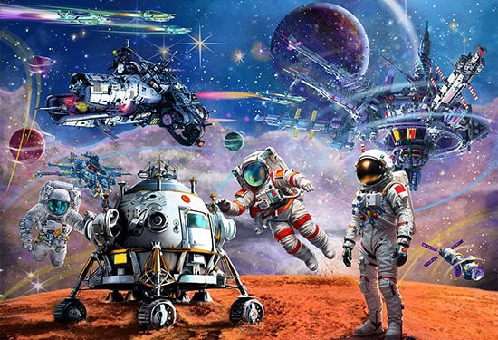 Illustration of a space scene with a red planet with a spaceship and astronauts on it and numerous spaceships and planets above for art licensing