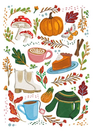 Thanksgiving greeting card illustration of fall items including a pumpkin, pie, hot drink, mushrooms and jumper for art licensing