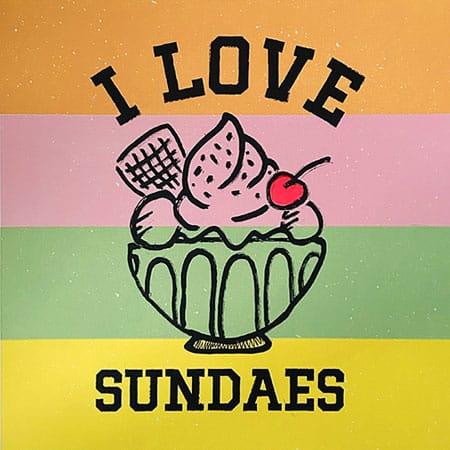 Screen print of an ice cream sundae with the words 'i love sundaes' over a colourful striped background for art licensing